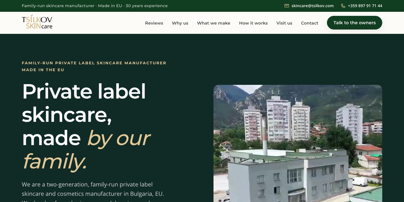 Tsilkov — private label skincare manufacturer website