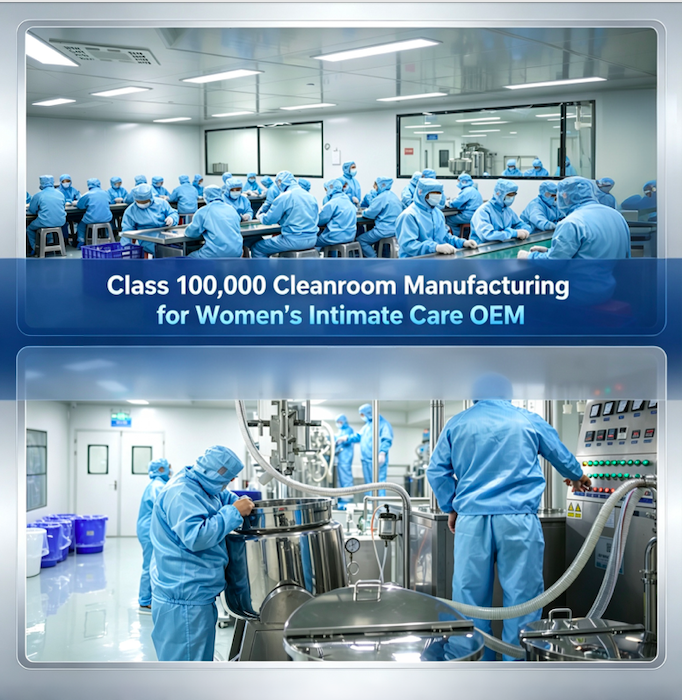Zhongkang Bainian GMP cleanroom workshop with product packaging lines for intimate care OEM
