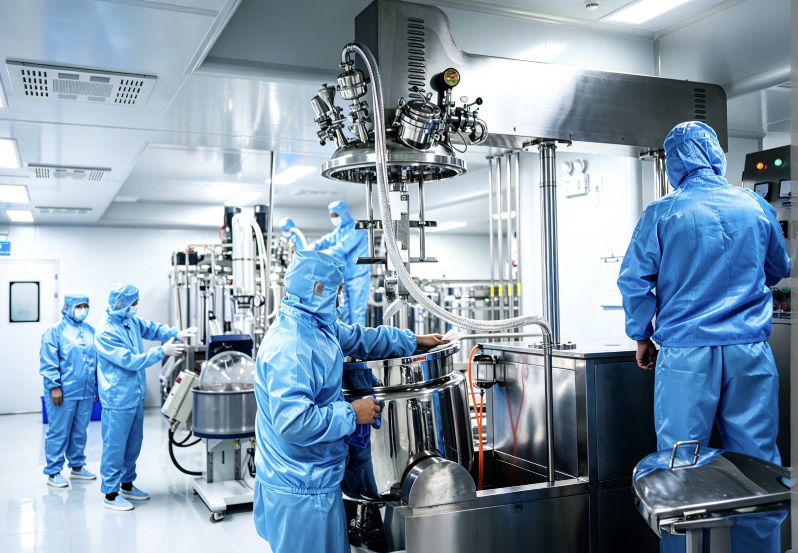100K Class Clean Workshop — vacuum homogenizing emulsifier, stainless steel mixing tanks, closed material pipeline transfer